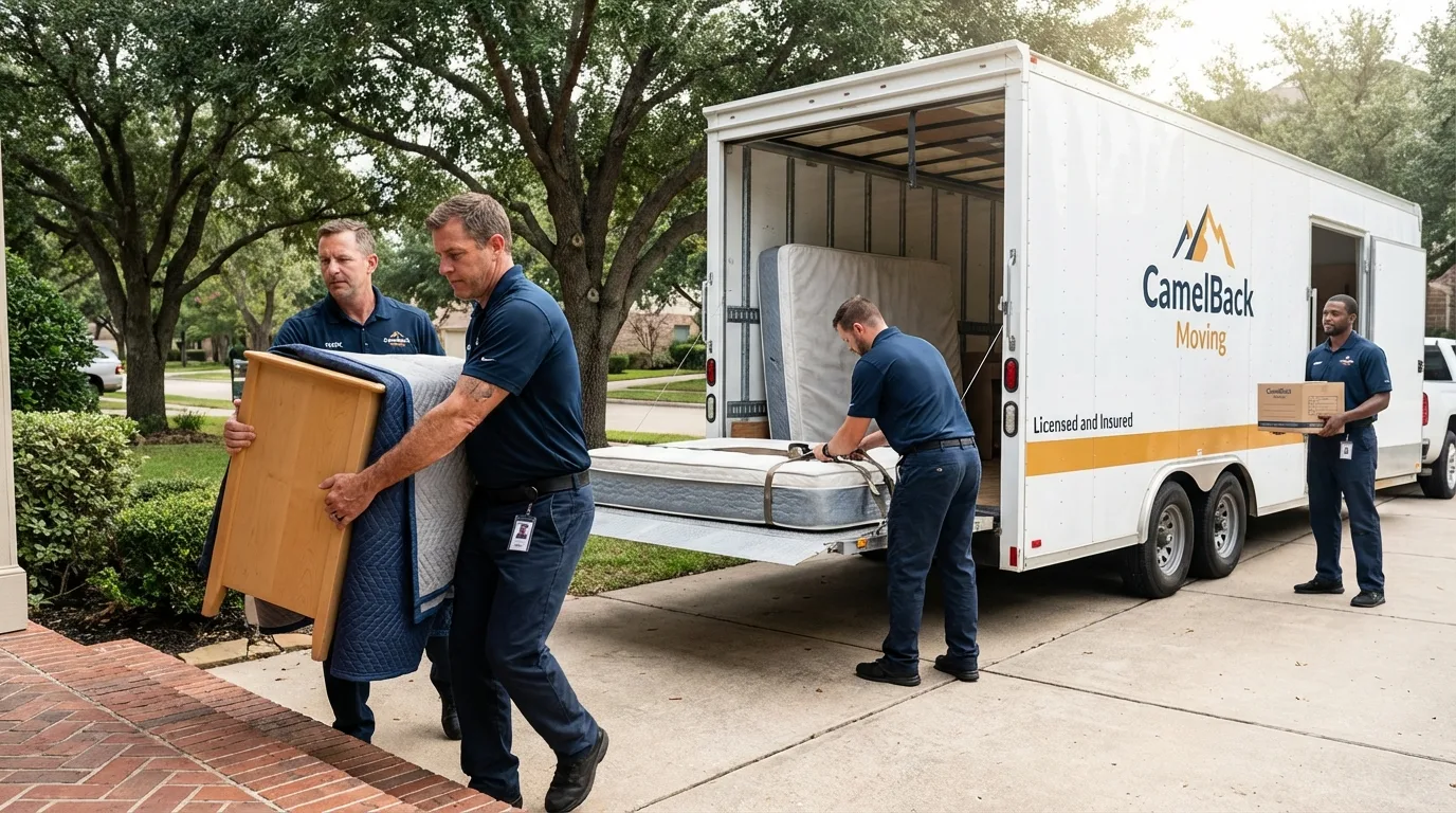 Crew loading residential truck for cross-state move from Boothbay, ME
