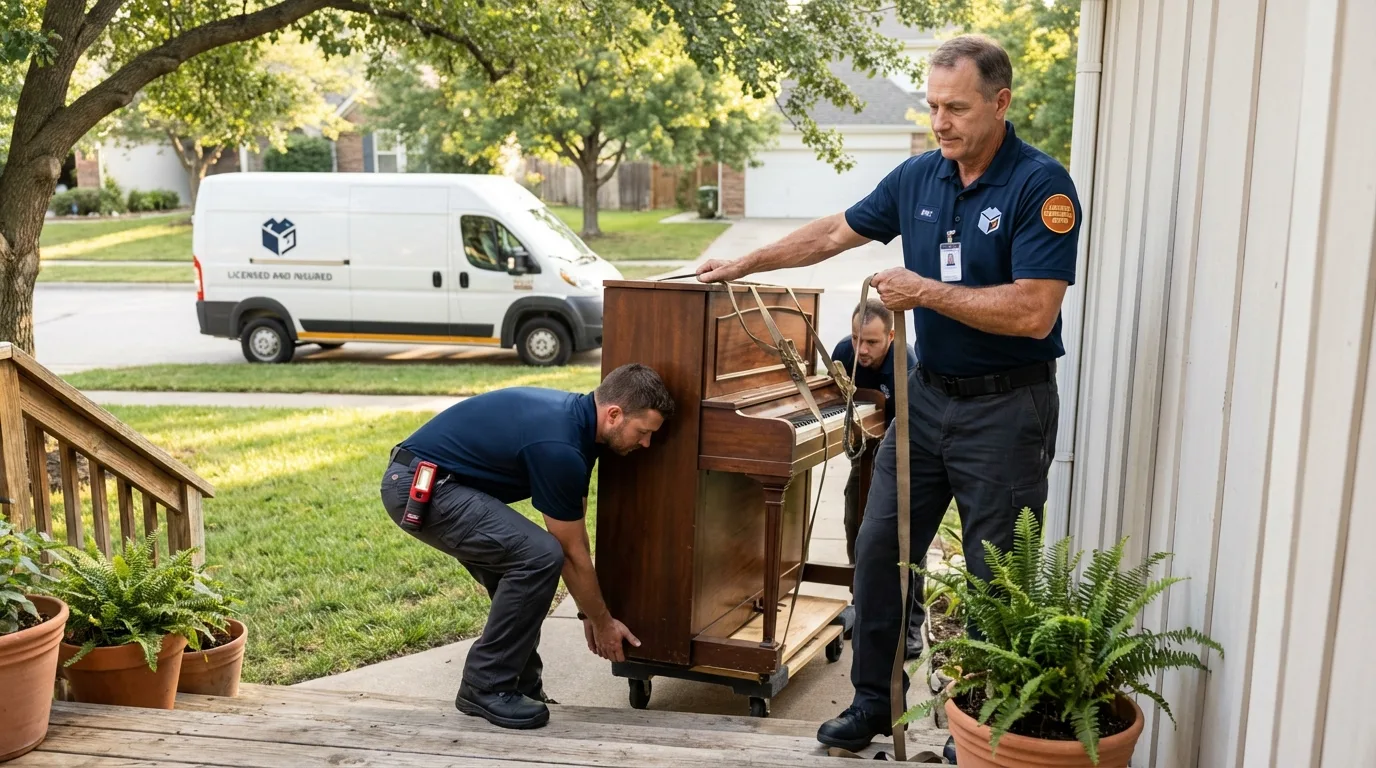 Licensed piano movers securing grand piano in Boothbay, ME