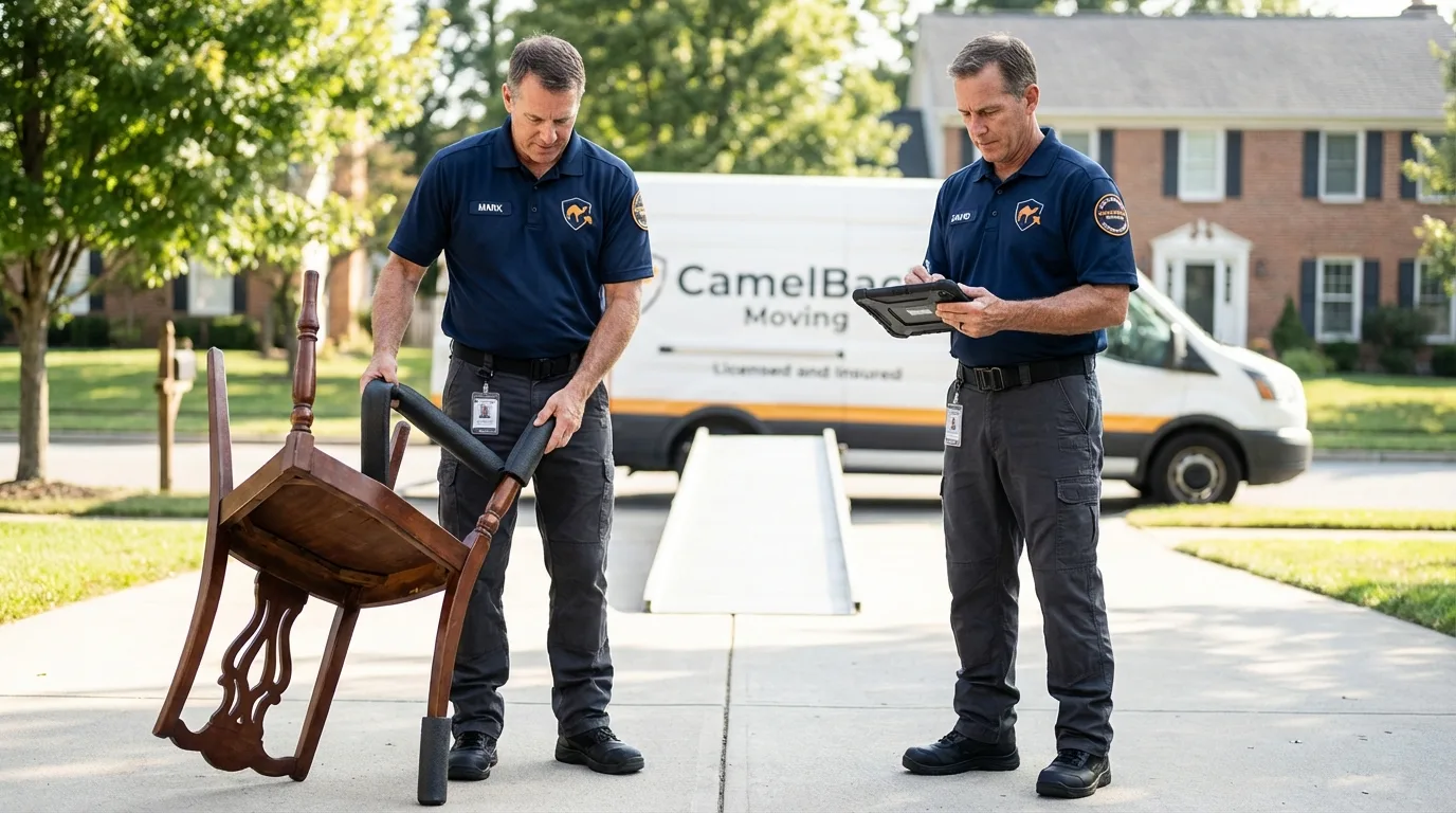 Movers inspecting furniture for damage prevention before loading in Boothbay, ME