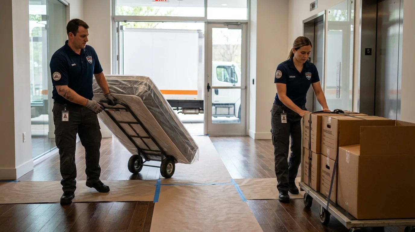 Professional apartment movers loading elevator in Boothbay, ME