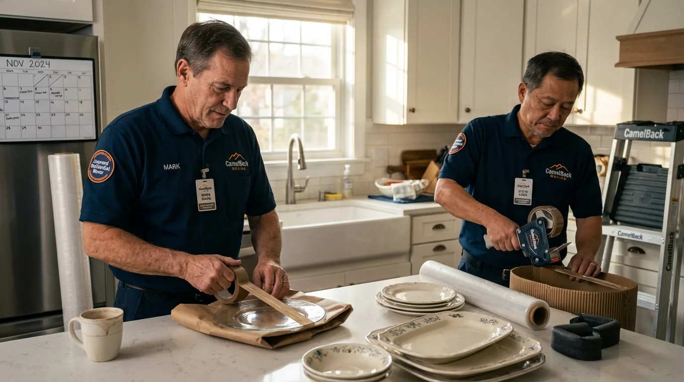 Professional crew packing kitchen dishware in Boothbay, ME